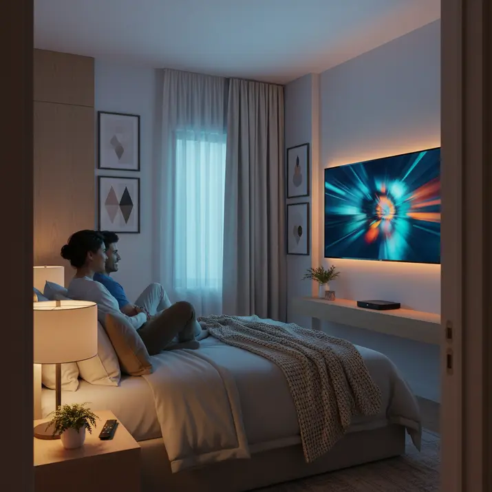 Premium IPTV entertainment viewing in a cozy bedroom setup