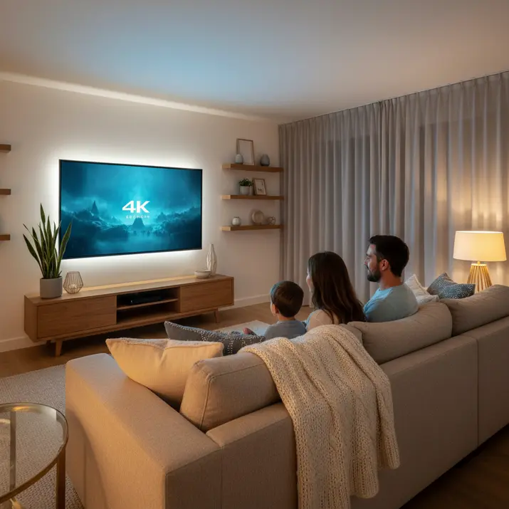 Family enjoying bbIPTV 4K streaming night in a modern UK living room