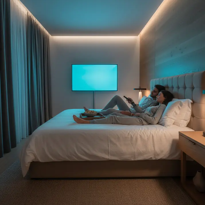 Night IPTV streaming comfort in a modern bedroom with Firestick
