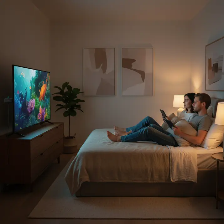 Night-time bedroom streaming with a premium IPTV style setup