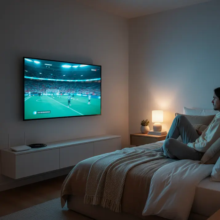 Nighttime IPTV viewing in a cozy modern bedroom setup