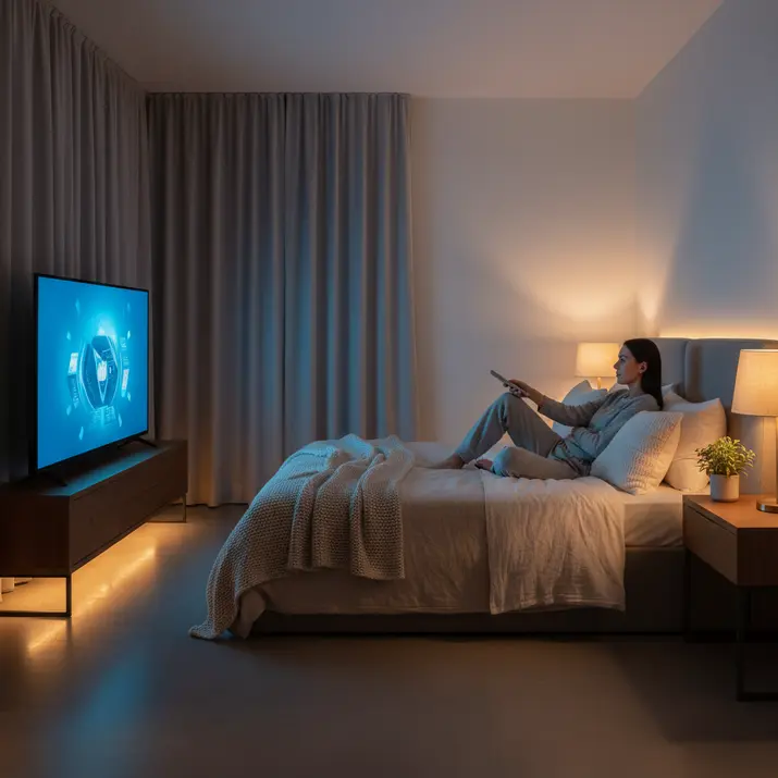 Nighttime IPTV viewing in a premium bedroom setup