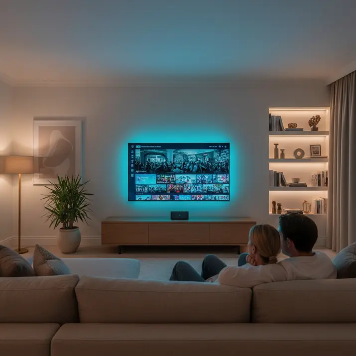 Premium home IPTV streaming setup in a modern UK living room