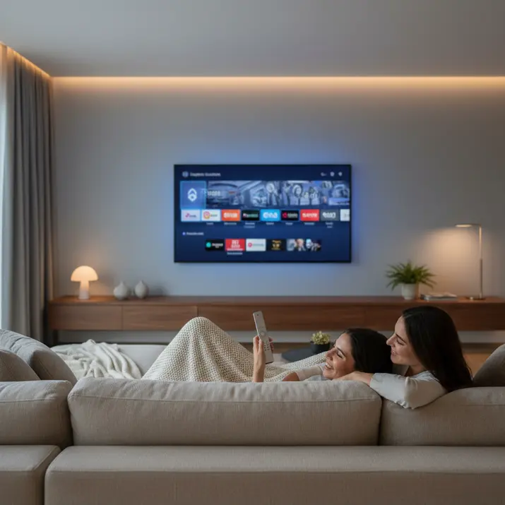Premium home IPTV streaming in a modern UK living room