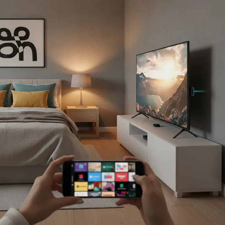 Multi-device home streaming setup showing bbIPTV compatibility on Smart TV and mobile