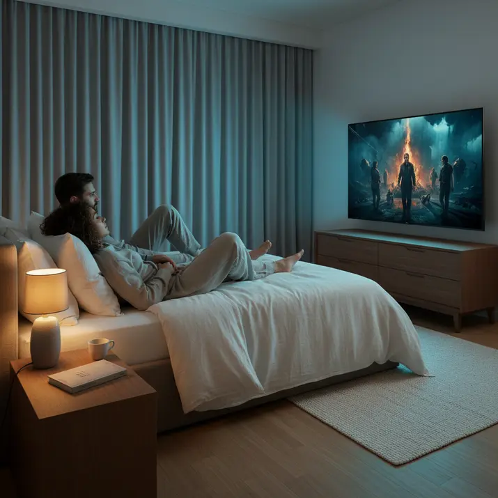 Night-time Smart TV streaming in a cozy modern bedroom