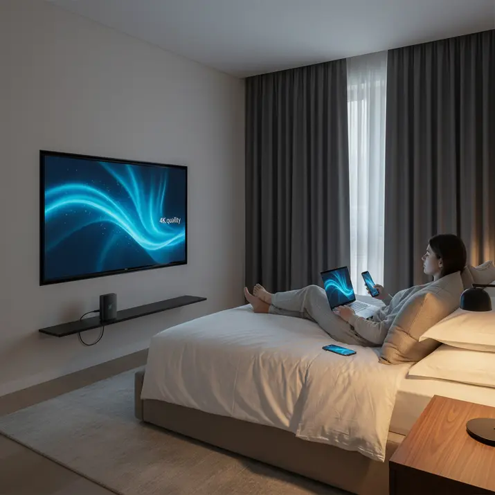 Premium multi-device IPTV streaming in a modern bedroom