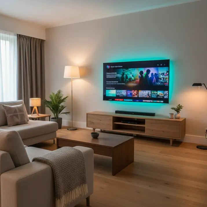 UK living room streaming setup for live TV with bbIPTV channel categories