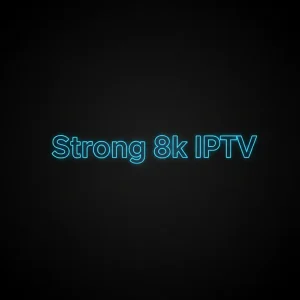 Strong 8k IPTV streaming device interface shown on modern smart TV screen